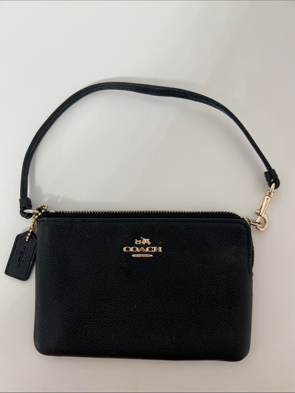 Coach Black Leather Wristlet with Gold Logo and Strap